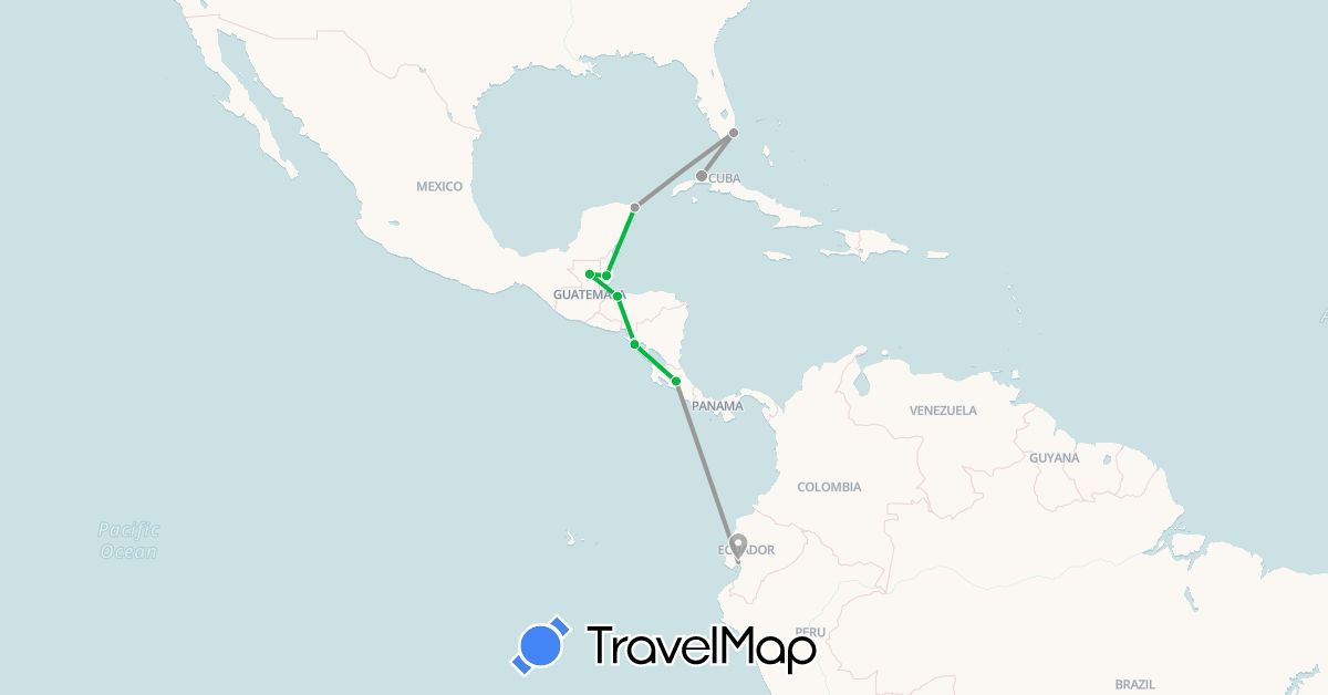 TravelMap itinerary: driving, bus, plane in Belize, Costa Rica, Cuba, Ecuador, Guatemala, Honduras, Mexico, Nicaragua, United States (North America, South America)